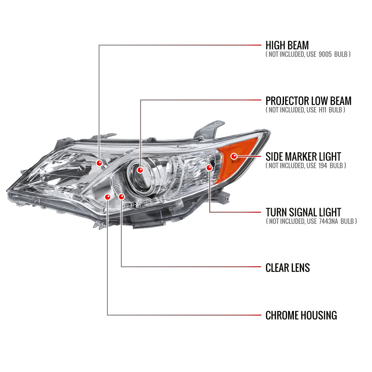 2012-2014 Toyota Camry Projector Headlights w/ Amber Reflectors - Driver Side Only (Chrome Housing/Clear Lens)