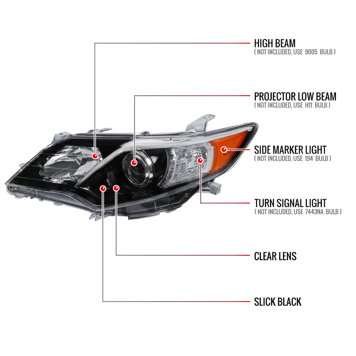 2012-2014 Toyota Camry Projector Headlights w/ Amber Reflectors (Jet Black Housing/Clear Lens)