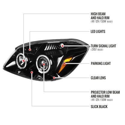 2005-2010 Chevrolet Cobalt Pontiac G5/Pursuit Dual Halo Projector Headlights (Jet Black Housing/Clear Lens)