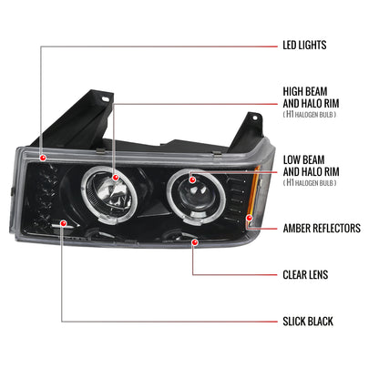 2004-2012 GMC Canyon/ Chevrolet Colorado Dual Halo Projector Headlights (Jet Black Housing/Clear Lens)