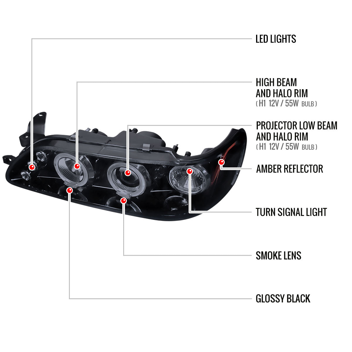 1993-1997 Toyota Corolla Dual Halo Projector Headlights (Glossy Black Housing/Smoked Lens)