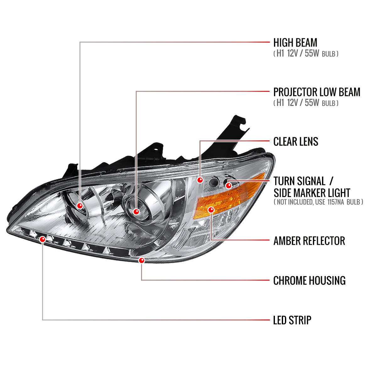 2004-2005 Honda Civic Projector Headlights w/ LED Light Strip (Chrome Housing/Clear Lens)
