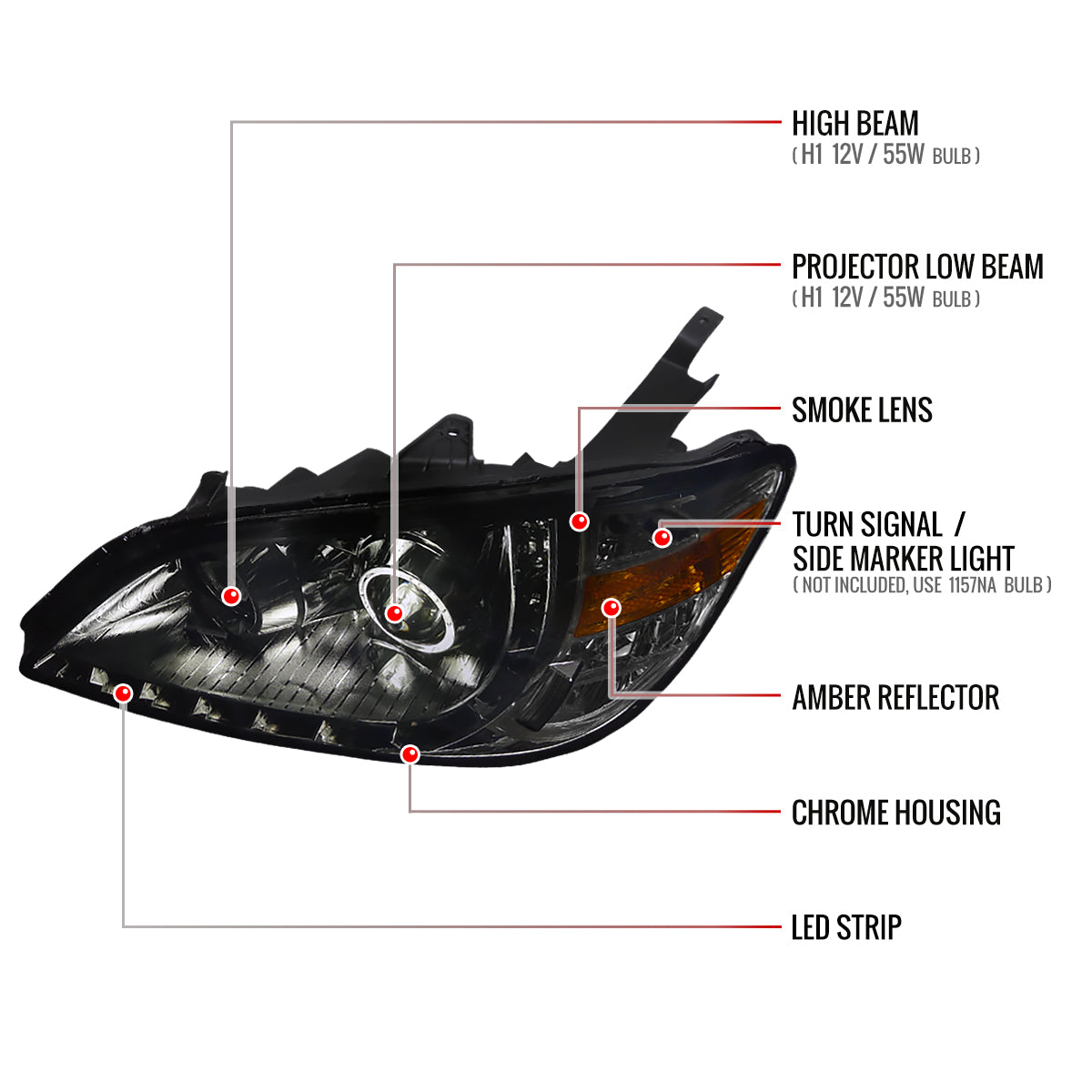 2004-2005 Honda Civic Projector Headlights w/ R8 Style LED Light Strip (Chrome Housing/Smoked Lens)