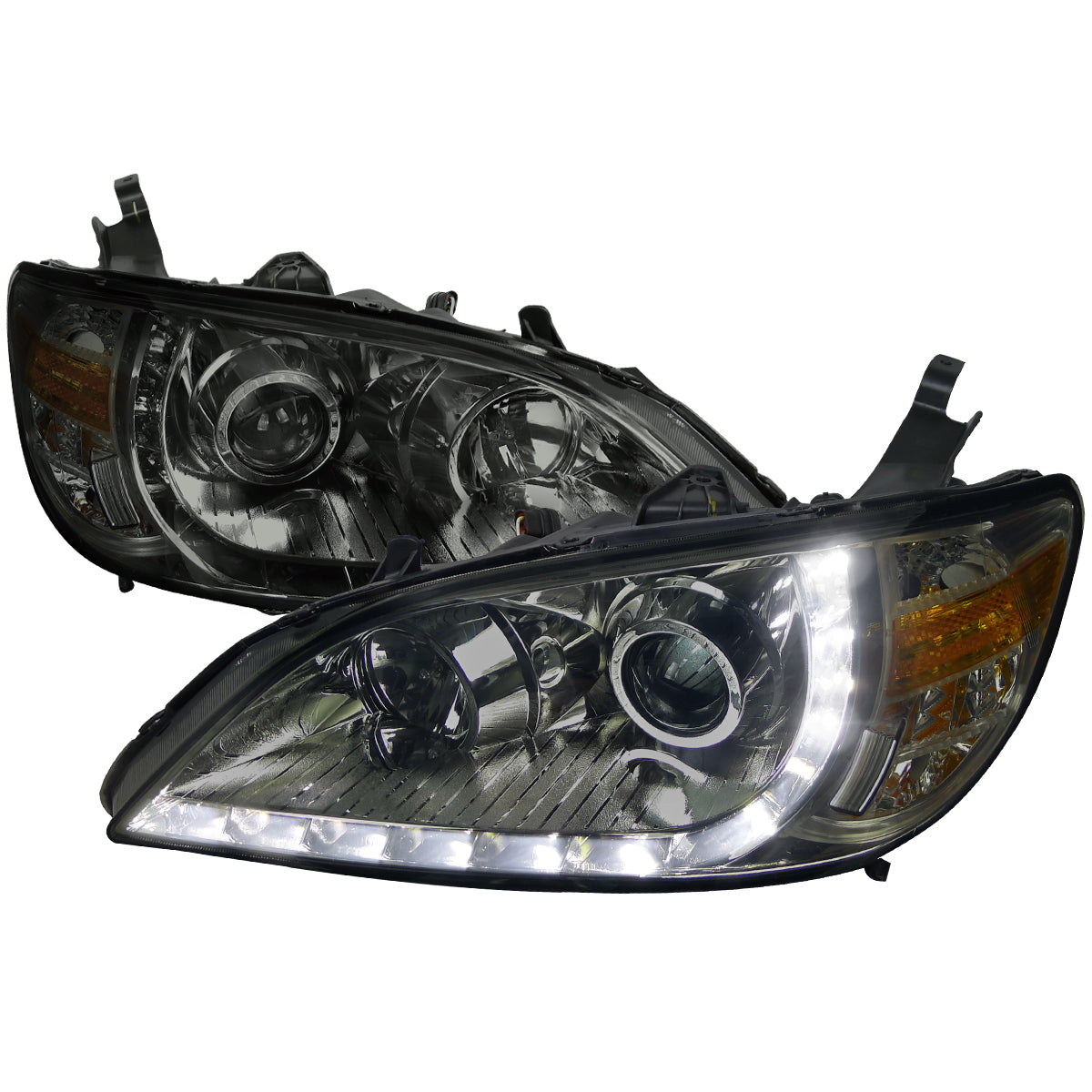 2004-2005 Honda Civic Projector Headlights w/ R8 Style LED Light Strip (Chrome Housing/Smoked Lens)