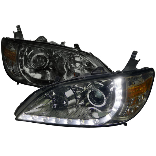 2004-2005 Honda Civic Projector Headlights w/ R8 Style LED Light Strip (Chrome Housing/Smoked Lens)