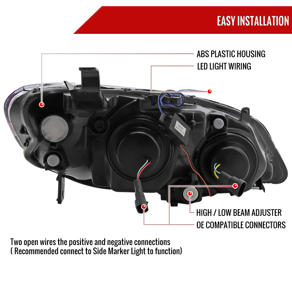 2004-2005 Honda Civic Projector Headlights w/ R8 Style LED Light Strip (Matte Black Housing/Clear Lens)