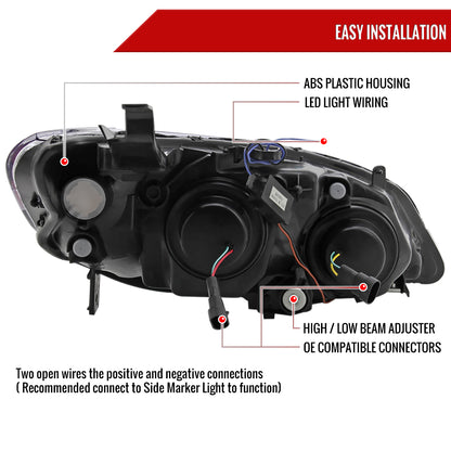 2004-2005 Honda Civic Projector Headlights w/ R8 Style LED Light Strip (Matte Black Housing/Clear Lens)