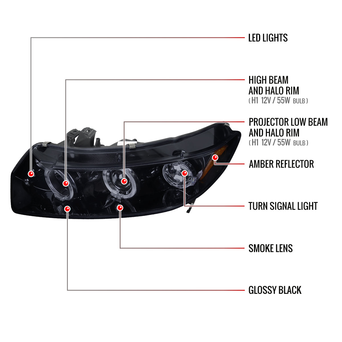 2006-2011 Honda Civic Coupe Dual Halo Projector Headlights (Glossy Black Housing/Smoked Lens)