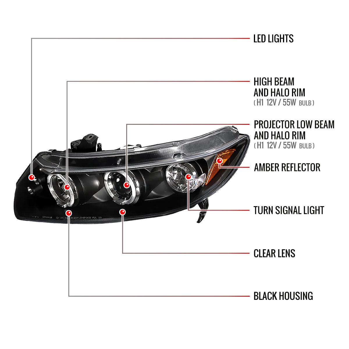 2006-2011 Honda Civic Coupe Dual Halo Projector Headlights (Matte Black Housing/Clear Lens)