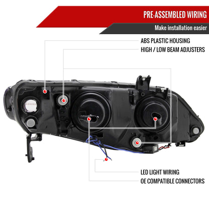 2006-2011 Honda Civic Sedan Projector Headlights w/ R8 Style LED Light Strip (Chrome Housing/Smoked Lens)