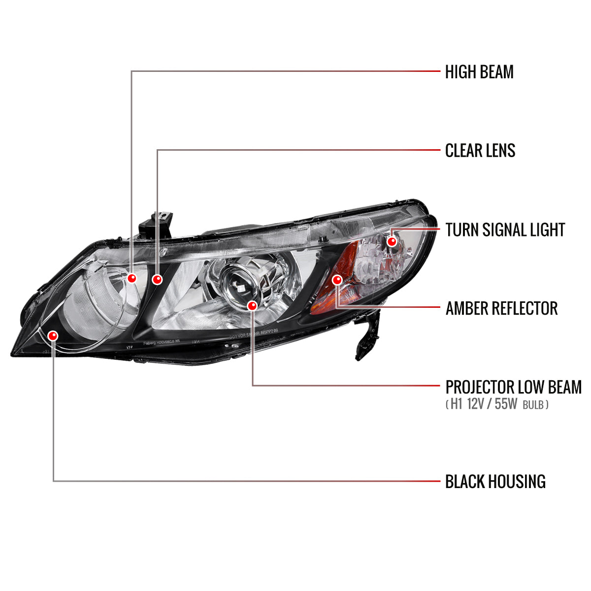 2006-2011 Honda Civic Sedan Retro Style Projector Headlights (Matte Black Housing/Clear Lens)
