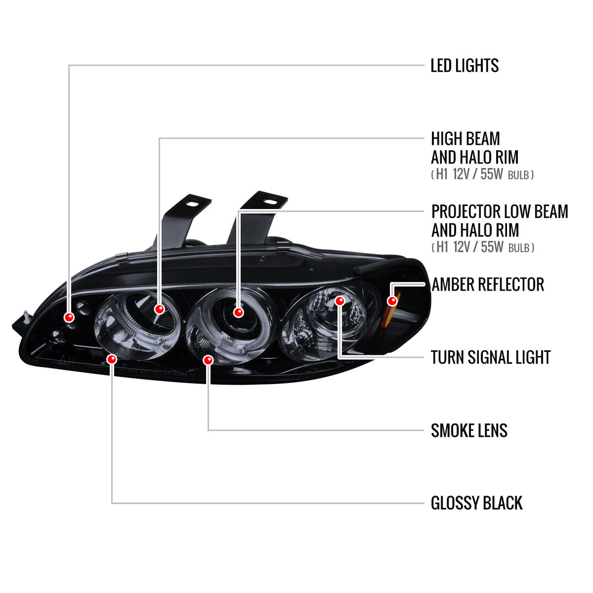 1992-1995 Honda Civic Dual Halo Projector Headlights (Glossy Black Housing/Smoked Lens)