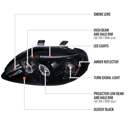 1999-2000 Honda Civic Dual Halo Projector Headlights (Glossy Black Housing/Smoked Lens)