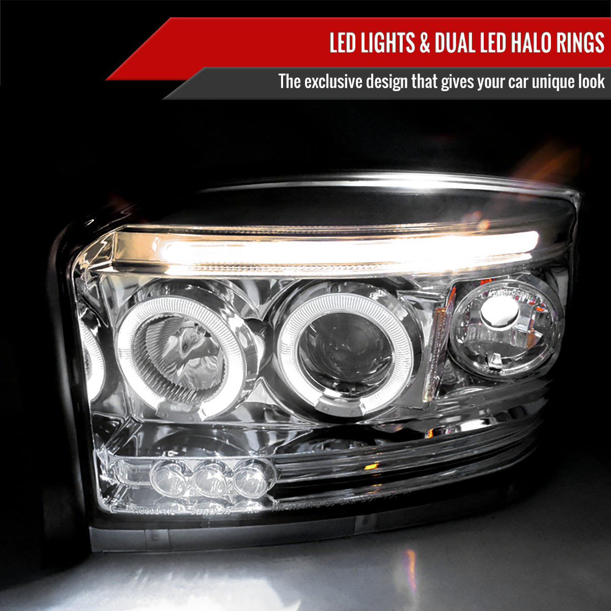2005-2007 Dodge Dakota Dual Halo Projector Headlights (Chrome Housing/Clear Lens)