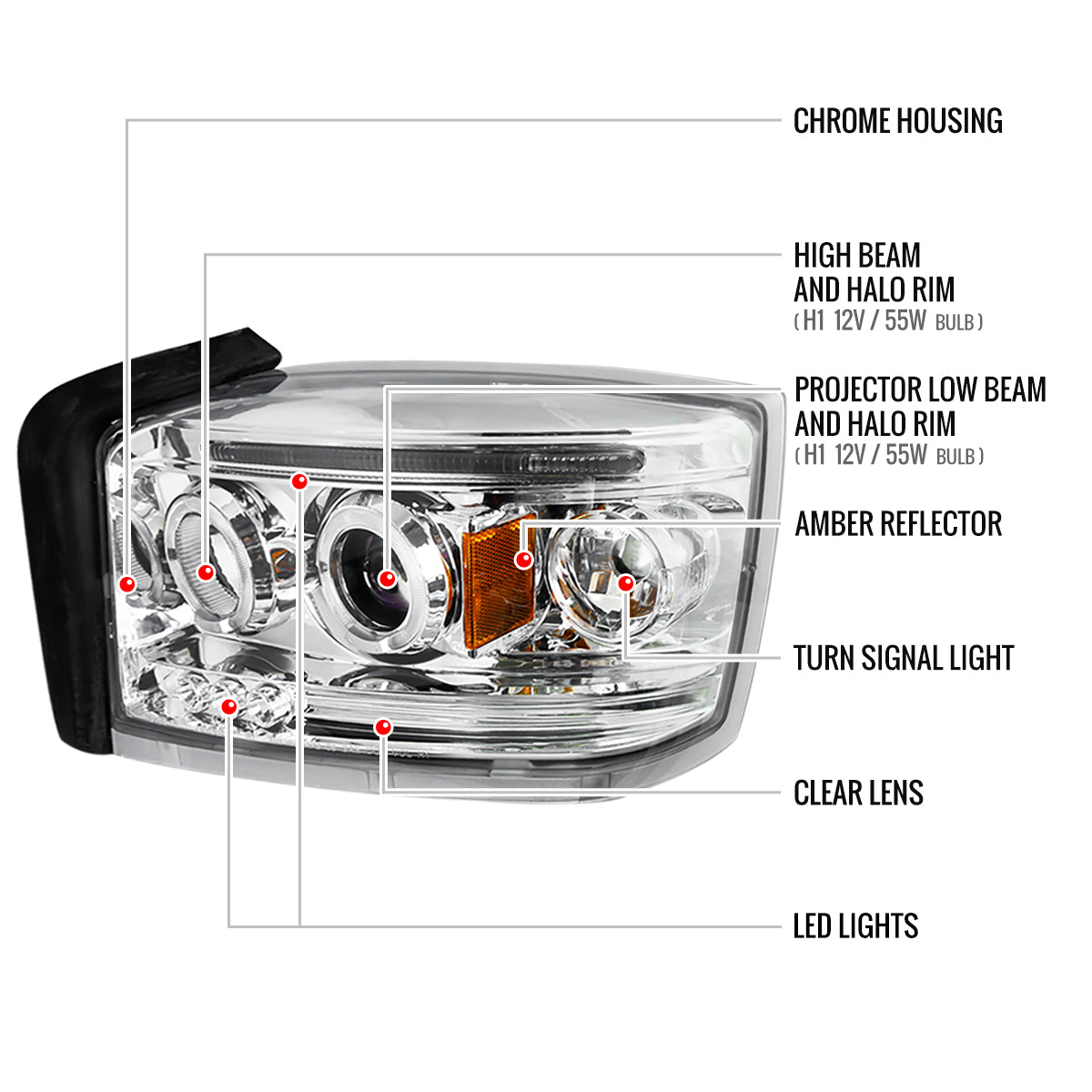2005-2007 Dodge Dakota Dual Halo Projector Headlights (Chrome Housing/Clear Lens)