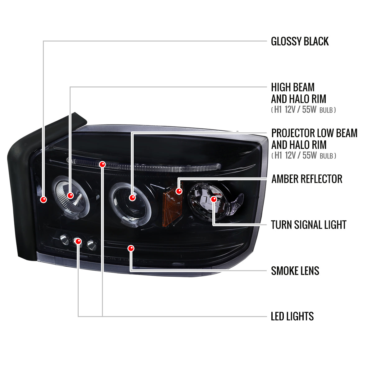 2005-2007 Dodge Dakota Dual Halo Projector Headlights (Glossy Black Housing/Smoked Lens)