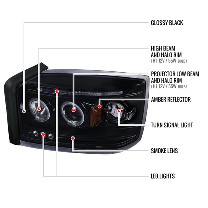 2005-2007 Dodge Dakota Dual Halo Projector Headlights (Glossy Black Housing/Smoked Lens)