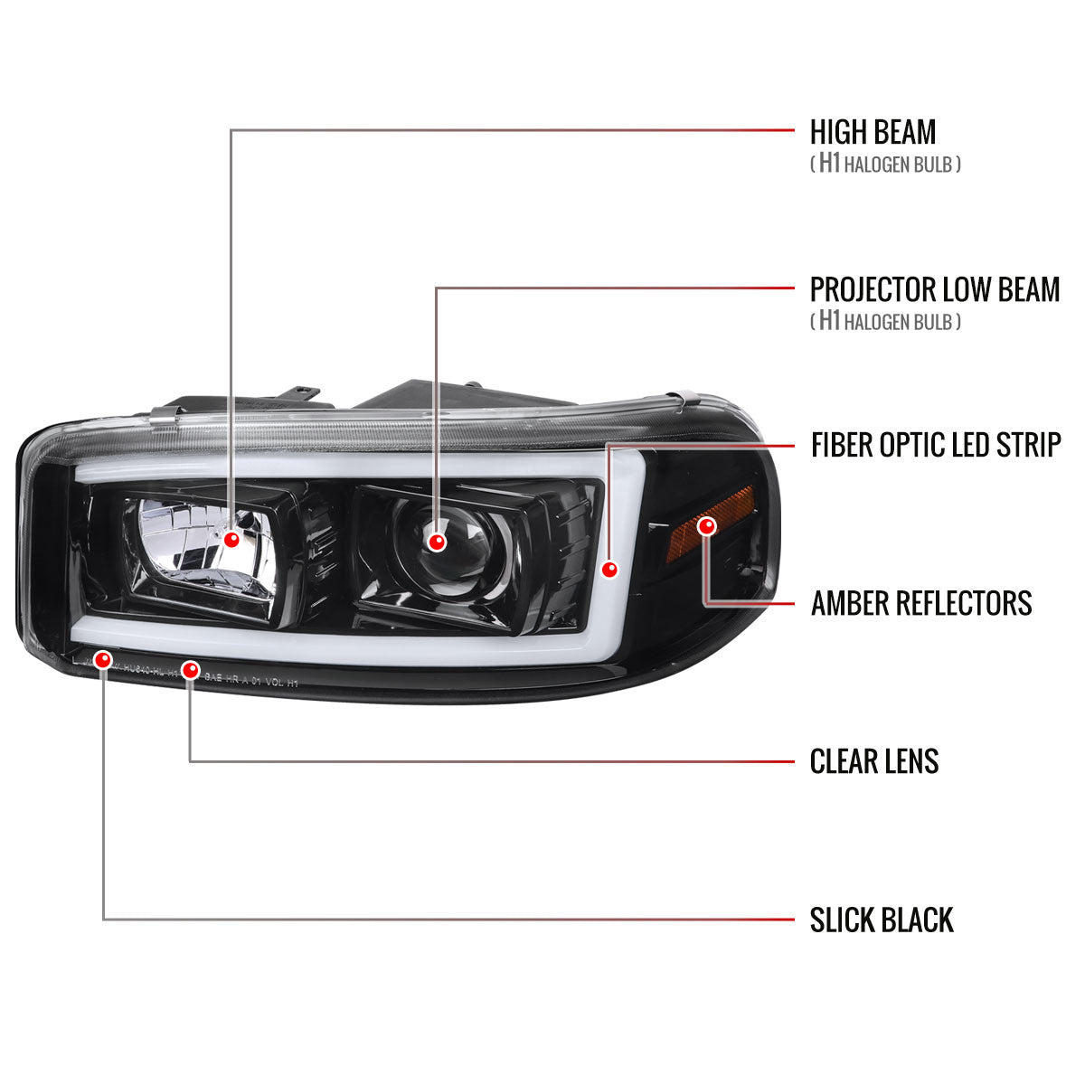 2000-2006 GMC Sierra/Denali/Yukon LED Strip Projector Headlights (Glossy Black Housing/Clear Lens)