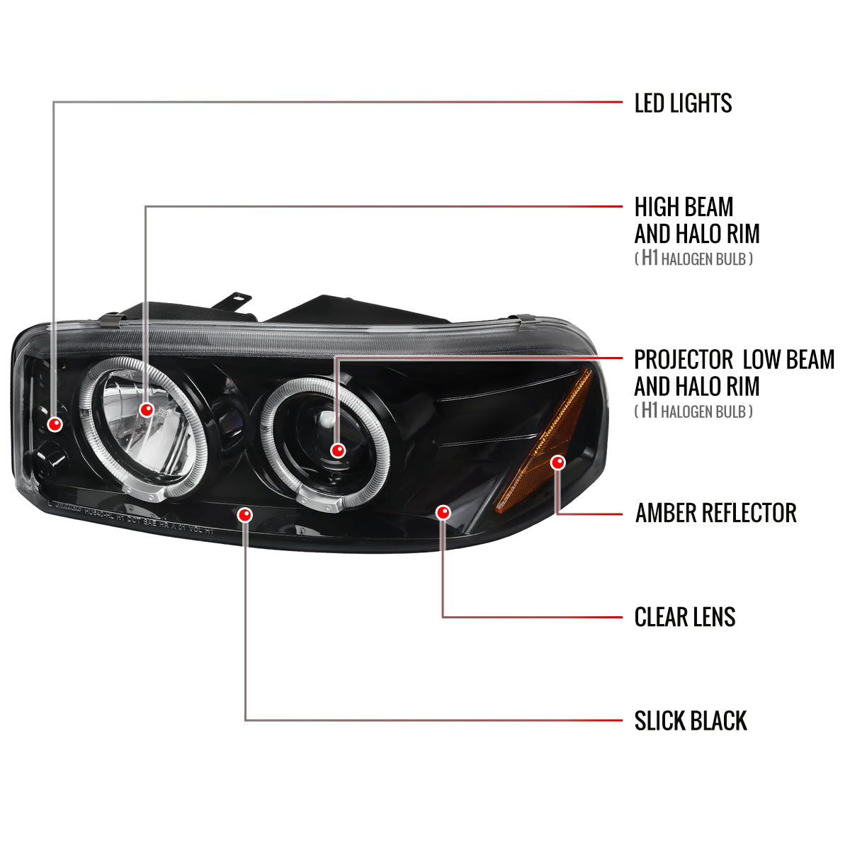 1999-2006 GMC Sierra/Yukon/Yukon XL Dual Halo Projector Headlights (Jet Black Housing/Clear Lens)