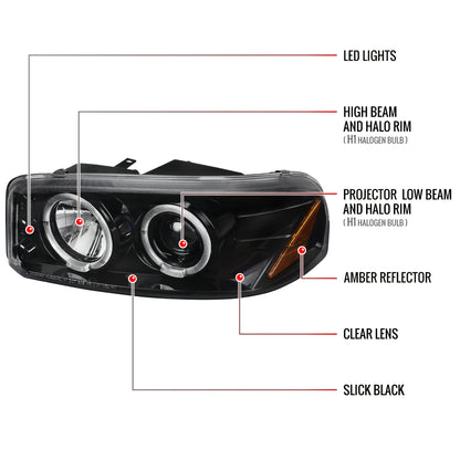 1999-2006 GMC Sierra/Yukon/Yukon XL Dual Halo Projector Headlights (Jet Black Housing/Clear Lens)