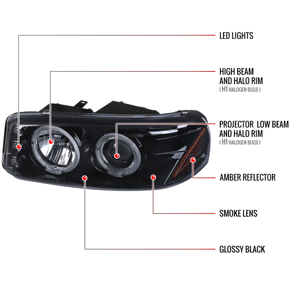 1999-2006 GMC Sierra/ 2000-2006 Yukon/Yukon XL Dual Halo Projector Headlights (Glossy Black Housing/Smoked Lens)