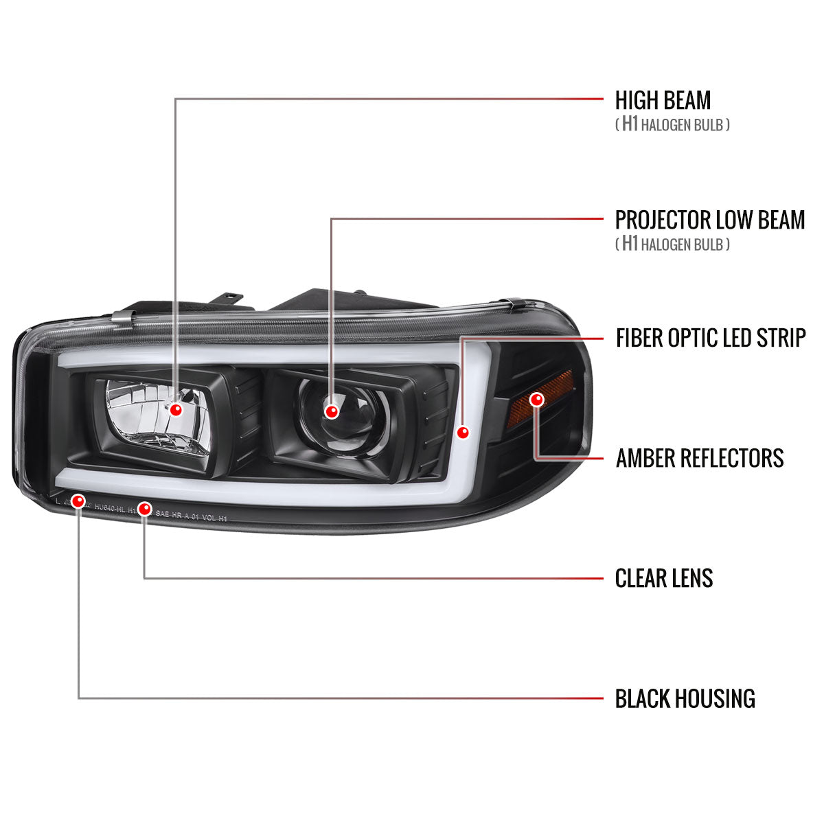 2000-2006 GMC Sierra/Denali/Yukon LED Strip Projector Headlights (Matte Black Housing/Clear Lens)