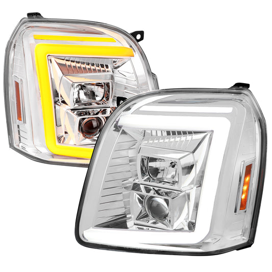 2007-2014 GMC Yukon/XL 1500/XL 2500 Switchback Sequential LED Turn Signal Projector Headlights (Chrome Housing/Clear Lens)