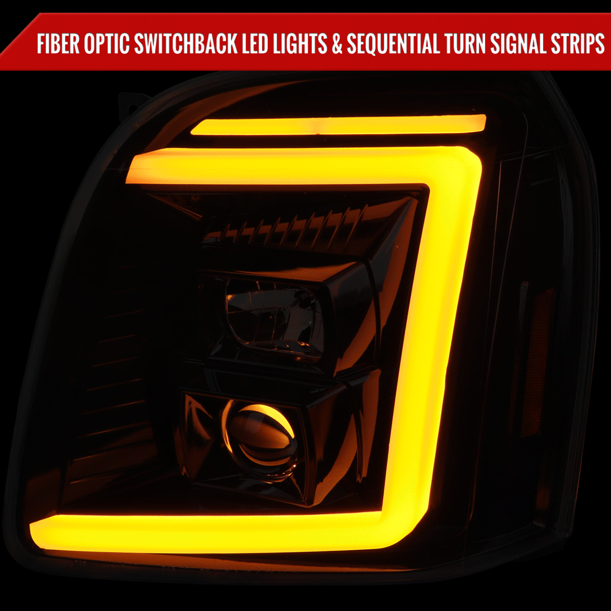 2007-2014 GMC Yukon/XL 1500/XL 2500 Switchback Sequential LED Turn Signal Projector Headlights (Jet Black Housing/Clear Lens)