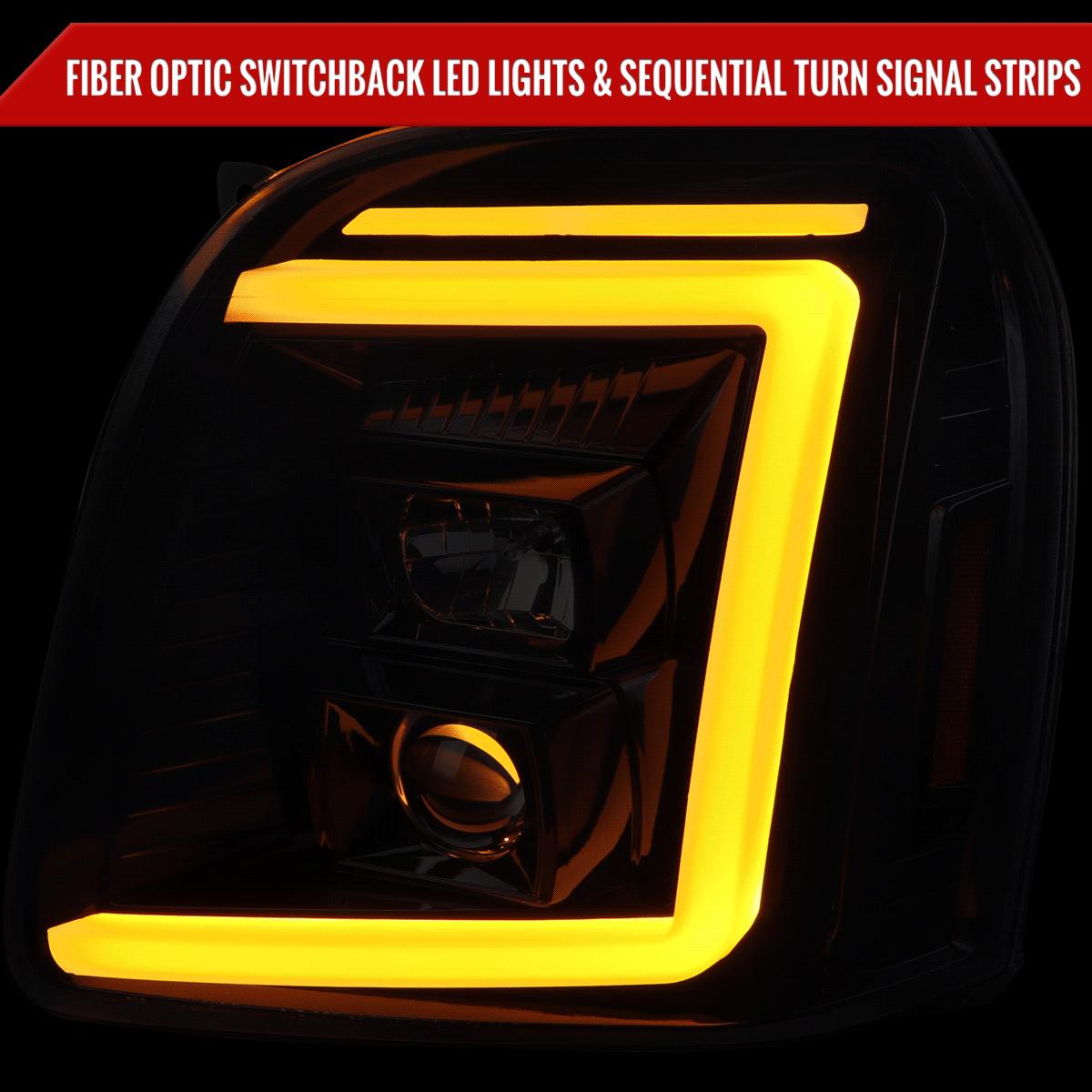 2007-2014 GMC Yukon/XL 1500/XL 2500 Switchback Sequential LED Turn Signal Projector Headlights (Glossy Black Housing/Smoked Lens)