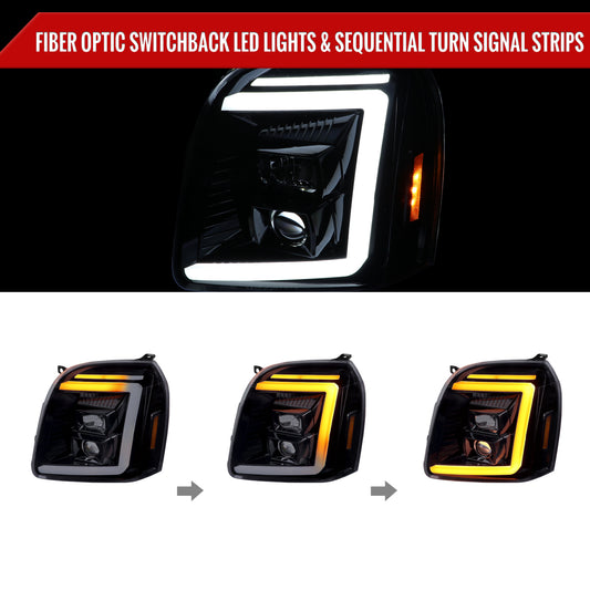 2007-2014 GMC Yukon/XL 1500/XL 2500 Switchback Sequential LED Turn Signal Projector Headlights (Glossy Black Housing/Smoked Lens)