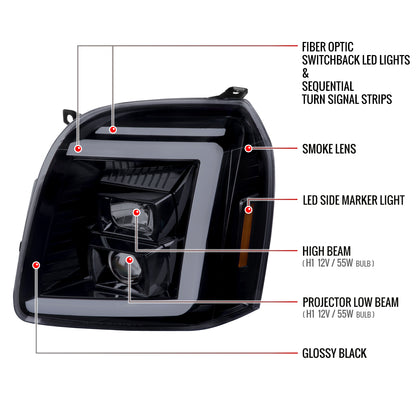 2007-2014 GMC Yukon/XL 1500/XL 2500 Switchback Sequential LED Turn Signal Projector Headlights (Glossy Black Housing/Smoked Lens)