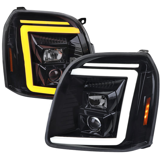 2007-2014 GMC Yukon/XL 1500/XL 2500 Switchback Sequential LED Turn Signal Projector Headlights (Glossy Black Housing/Smoked Lens)