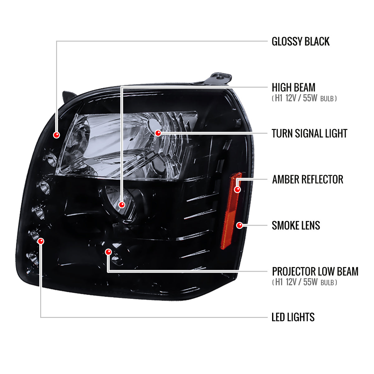 2007-2014 GMC Yukon/Yukon XL Projector Headlights (Glossy Black Housing/Smoked Lens)