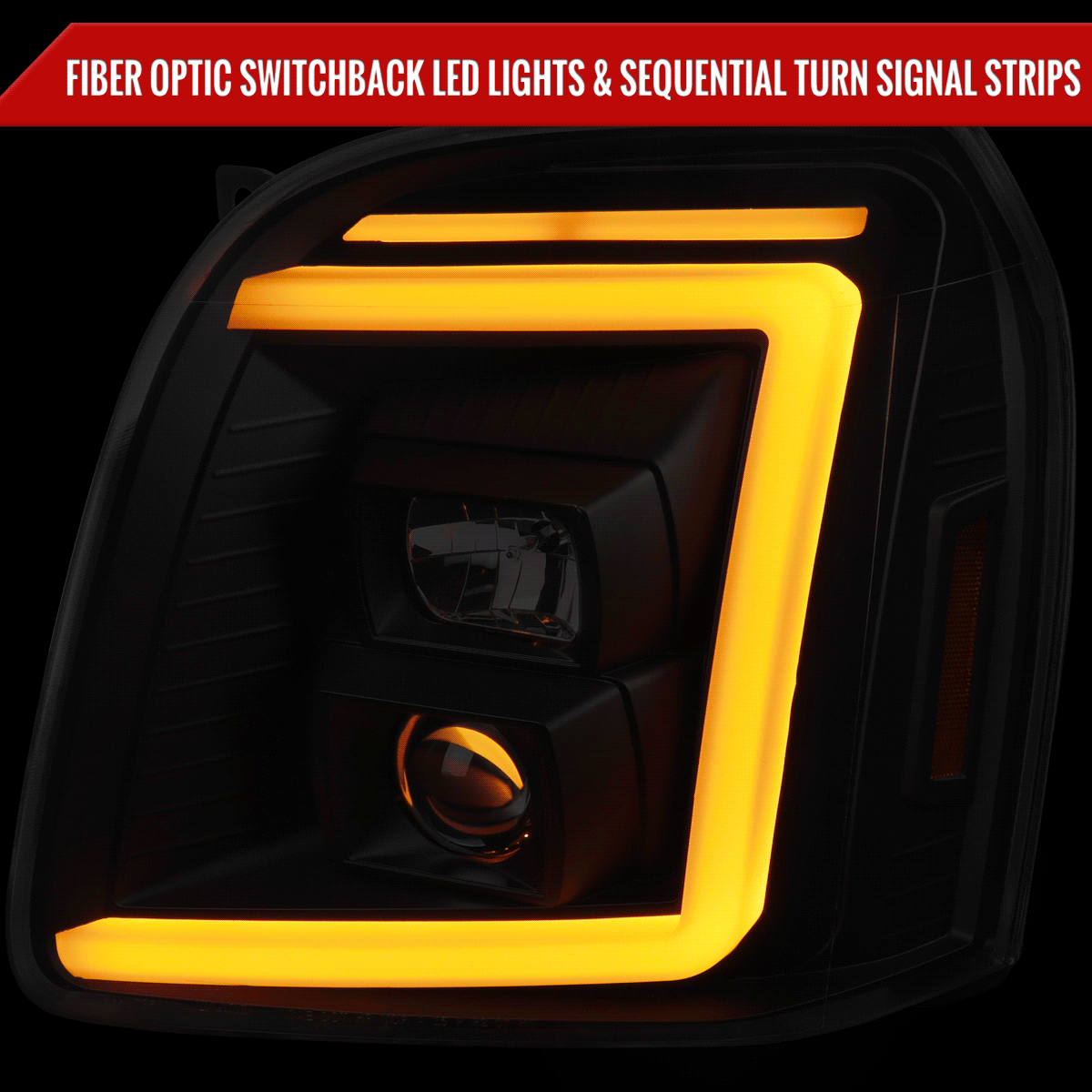 2007-2014 GMC Yukon/XL 1500/XL 2500 Switchback Sequential LED Turn Signal Projector Headlights (Matte Black Housing/Clear Lens)