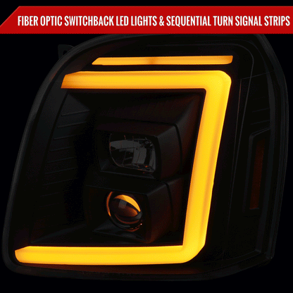 2007-2014 GMC Yukon/XL 1500/XL 2500 Switchback Sequential LED Turn Signal Projector Headlights (Matte Black Housing/Clear Lens)