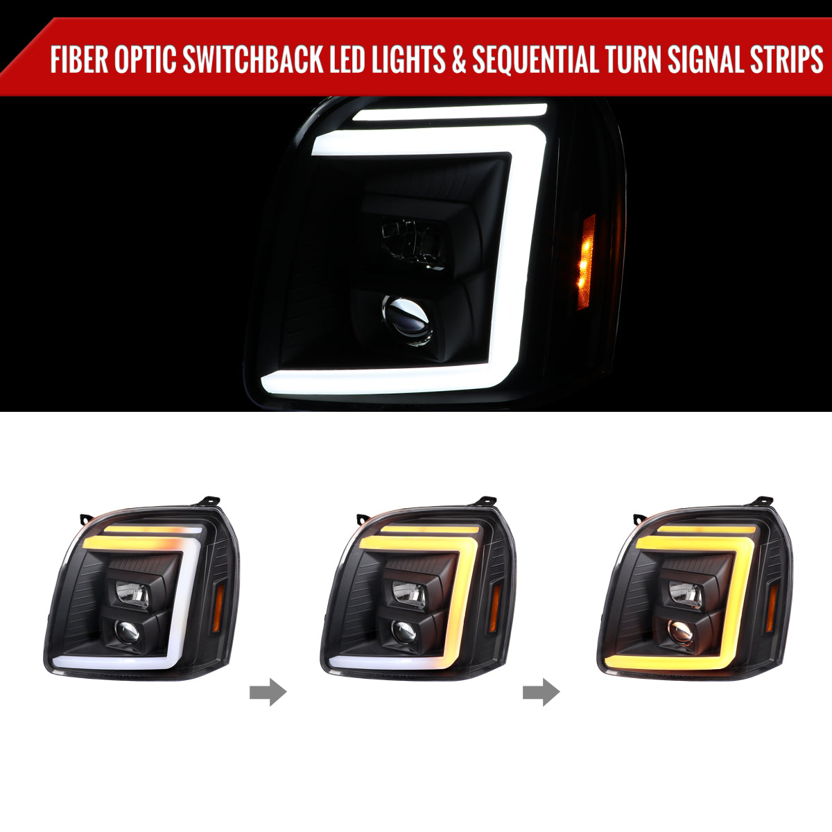 2007-2014 GMC Yukon/XL 1500/XL 2500 Switchback Sequential LED Turn Signal Projector Headlights (Matte Black Housing/Clear Lens)
