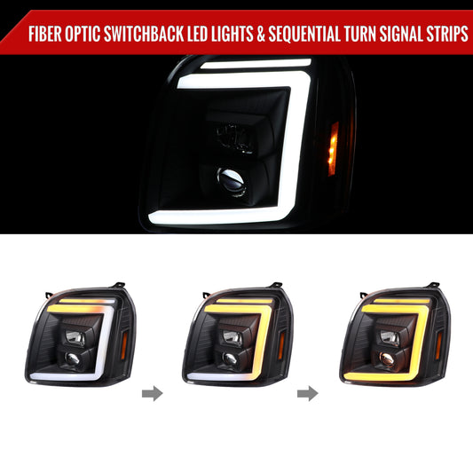 2007-2014 GMC Yukon/XL 1500/XL 2500 Switchback Sequential LED Turn Signal Projector Headlights (Matte Black Housing/Clear Lens)