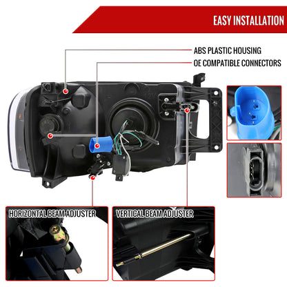 2002-2005 Dodge RAM 1500/ 2003-2005 RAM 2500 3500 Projector Headlights w/ Amber Reflectors (Matte Black Housing/Clear Lens)