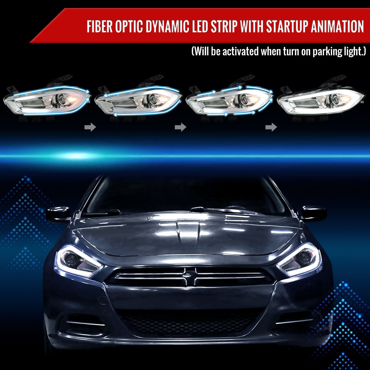 2013-2016 Dodge Dart Switchback Sequential Animated LED Bar Projector Headlights (Chrome Housing/Clear Lens)
