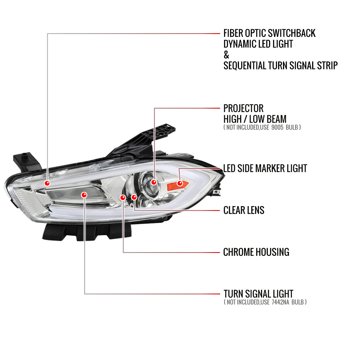 2013-2016 Dodge Dart Switchback Sequential Animated LED Bar Projector Headlights (Chrome Housing/Clear Lens)