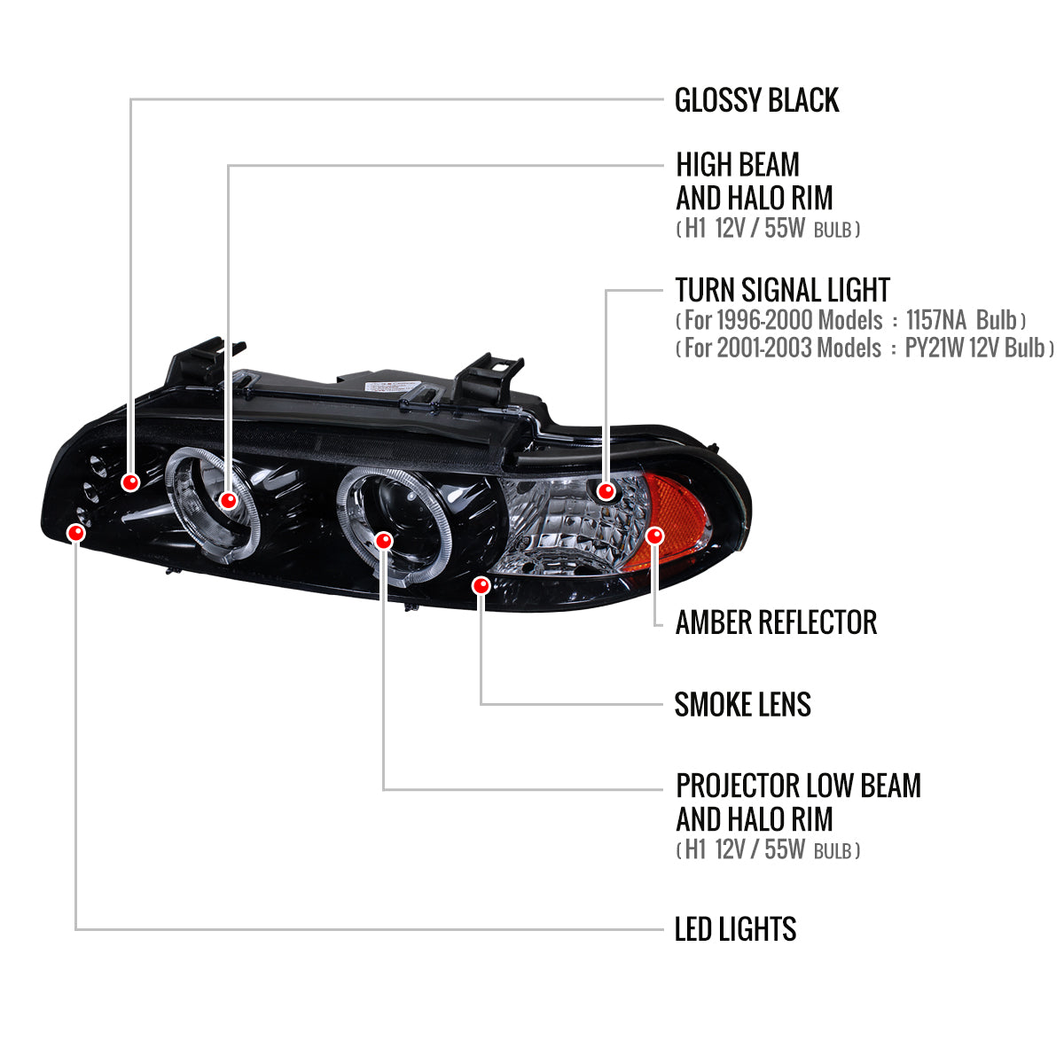 1996-2003 BMW E39 5 Series Dual Halo Projector Headlights (Glossy Black Housing/Smoked Lens)
