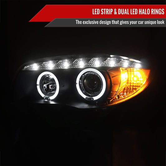 2004-2013 BMW E81 E82 E87 E88 Dual Halo Projector Headlights w/ LED Light Strip (Matte Black Housing/Clear Lens)