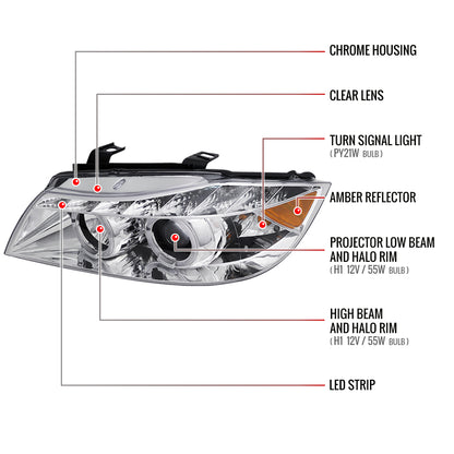 2006-2008 BMW E90 3 Series Sedan Dual Halo Projector Headlights w/ LED Light Strip (Chrome Housing/Clear Lens)