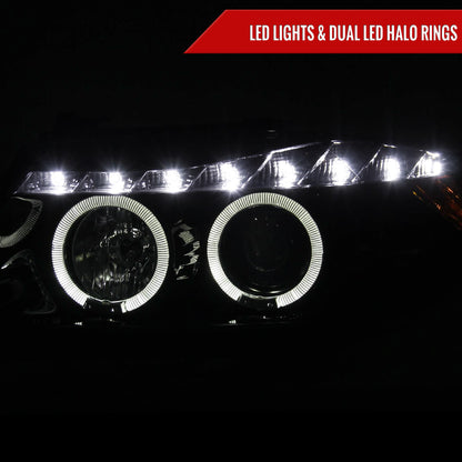 2006-2008 BMW E90 3 Series Sedan Dual Halo Projector Headlights w/ LED Light Strip (Glossy Black Housing/Smoked Lens)