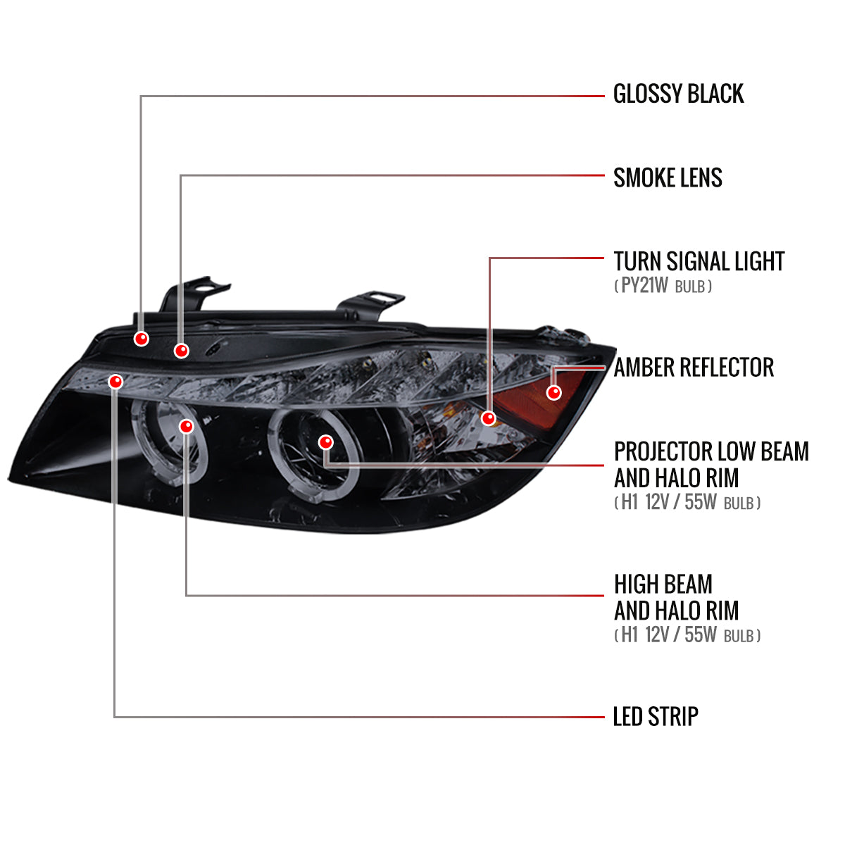 2006-2008 BMW E90 3 Series Sedan Dual Halo Projector Headlights w/ LED Light Strip (Glossy Black Housing/Smoked Lens)