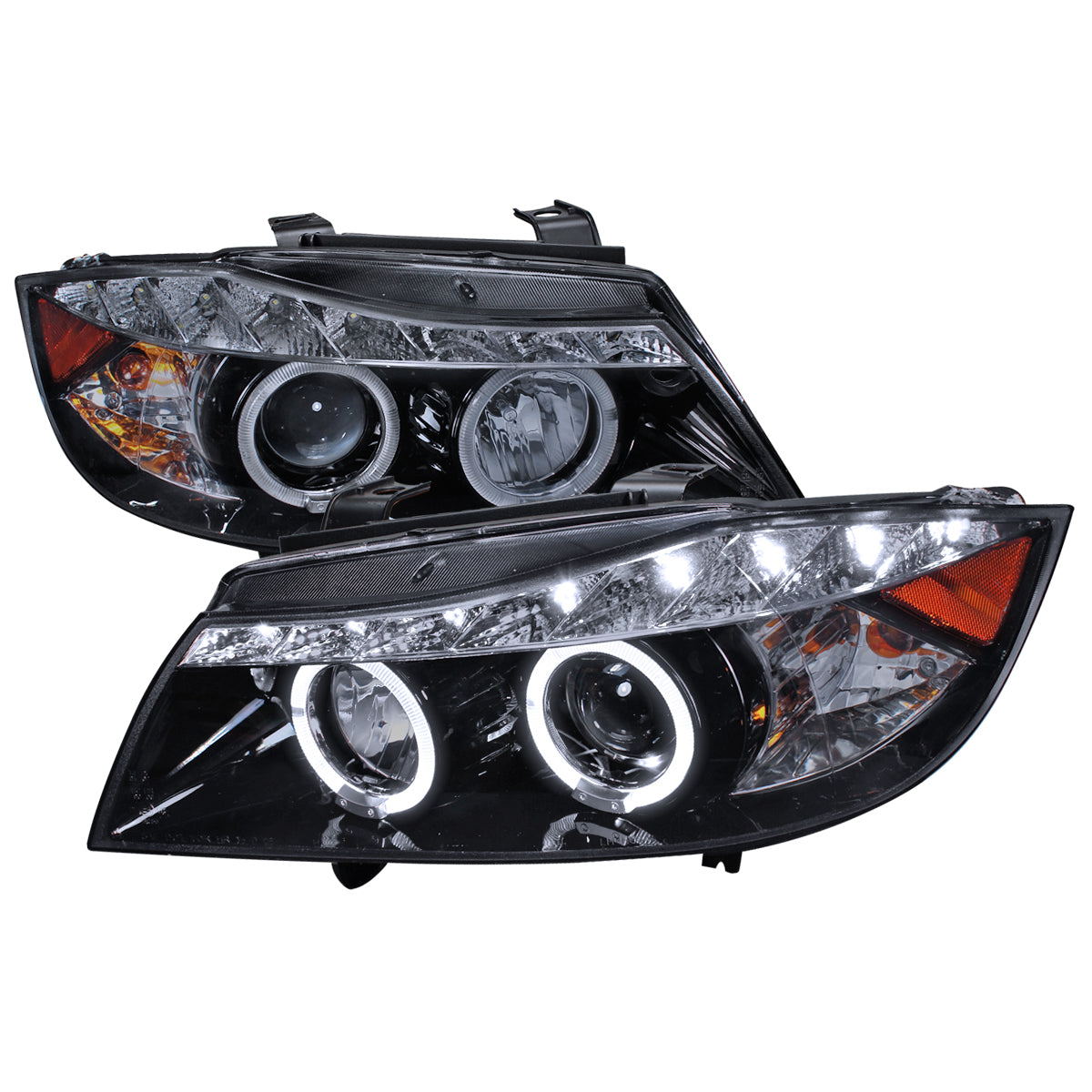 2006-2008 BMW E90 3 Series Sedan Dual Halo Projector Headlights w/ LED Light Strip (Glossy Black Housing/Smoked Lens)