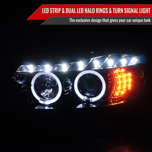 2006-2008 BMW E90 3 Series Sedan Dual Halo Projector Headlights w/ LED Light Strip & LED Turn Signal Lights (Glossy Black/Smoked Lens)