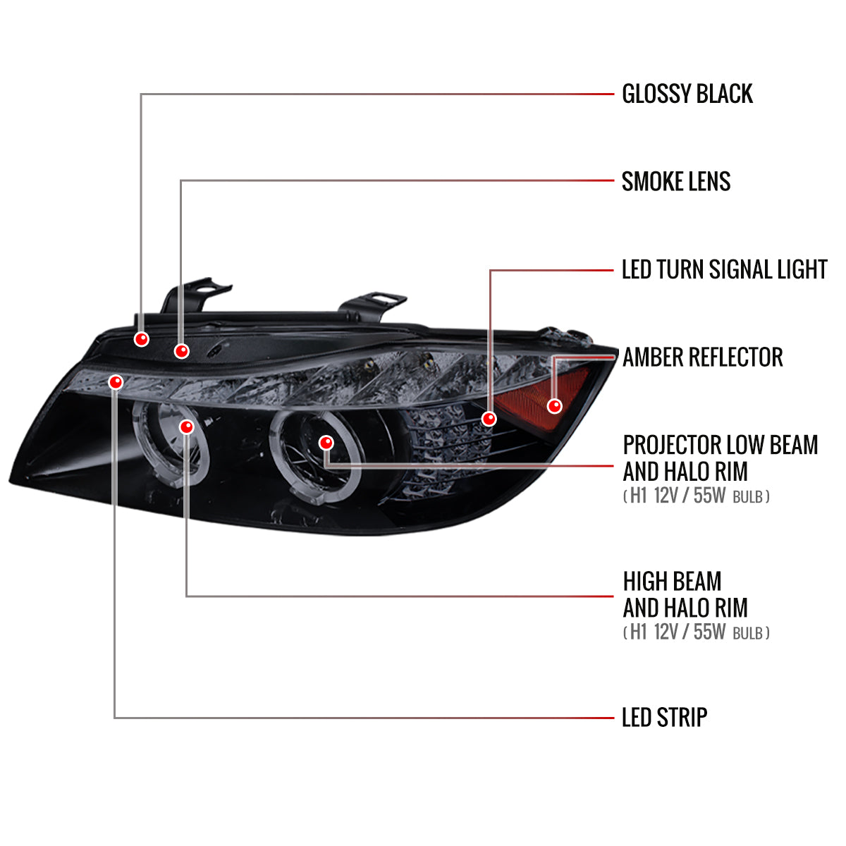 2006-2008 BMW E90 3 Series Sedan Dual Halo Projector Headlights w/ LED Light Strip & LED Turn Signal Lights (Glossy Black/Smoked Lens)
