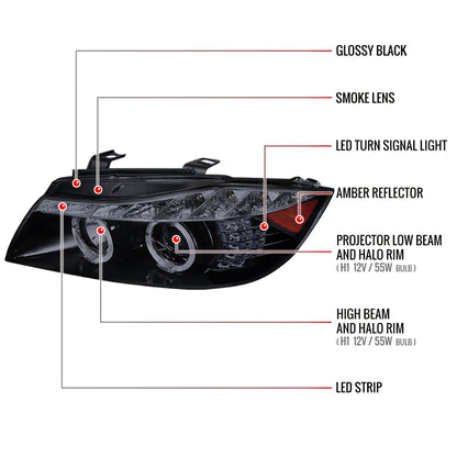 2006-2008 BMW E90 3 Series Sedan Dual Halo Projector Headlights w/ LED Light Strip & LED Turn Signal Lights (Glossy Black/Smoked Lens)