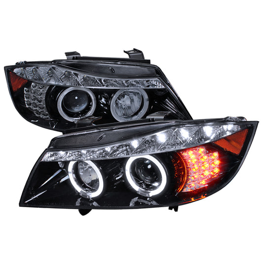 2006-2008 BMW E90 3 Series Sedan Dual Halo Projector Headlights w/ LED Light Strip & LED Turn Signal Lights (Glossy Black/Smoked Lens)